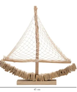 Sculpture voilier en bois voile tissu base bois massif
