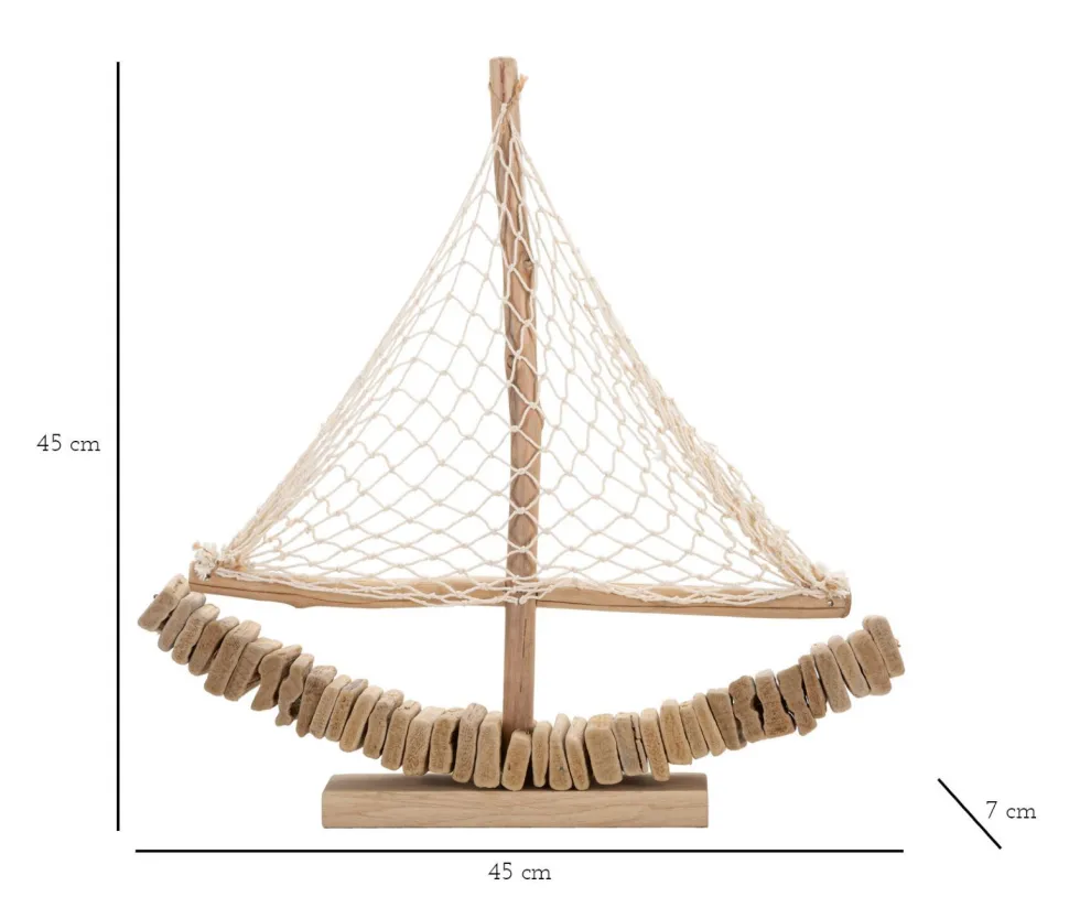 Sculpture voilier en bois voile tissu base bois massif