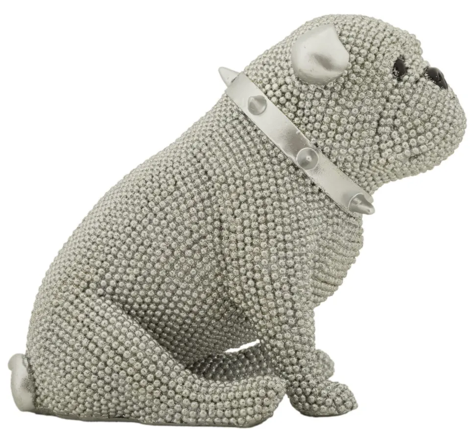 Statue Bouledogue assis Polyrésine Argent collier clous Argent