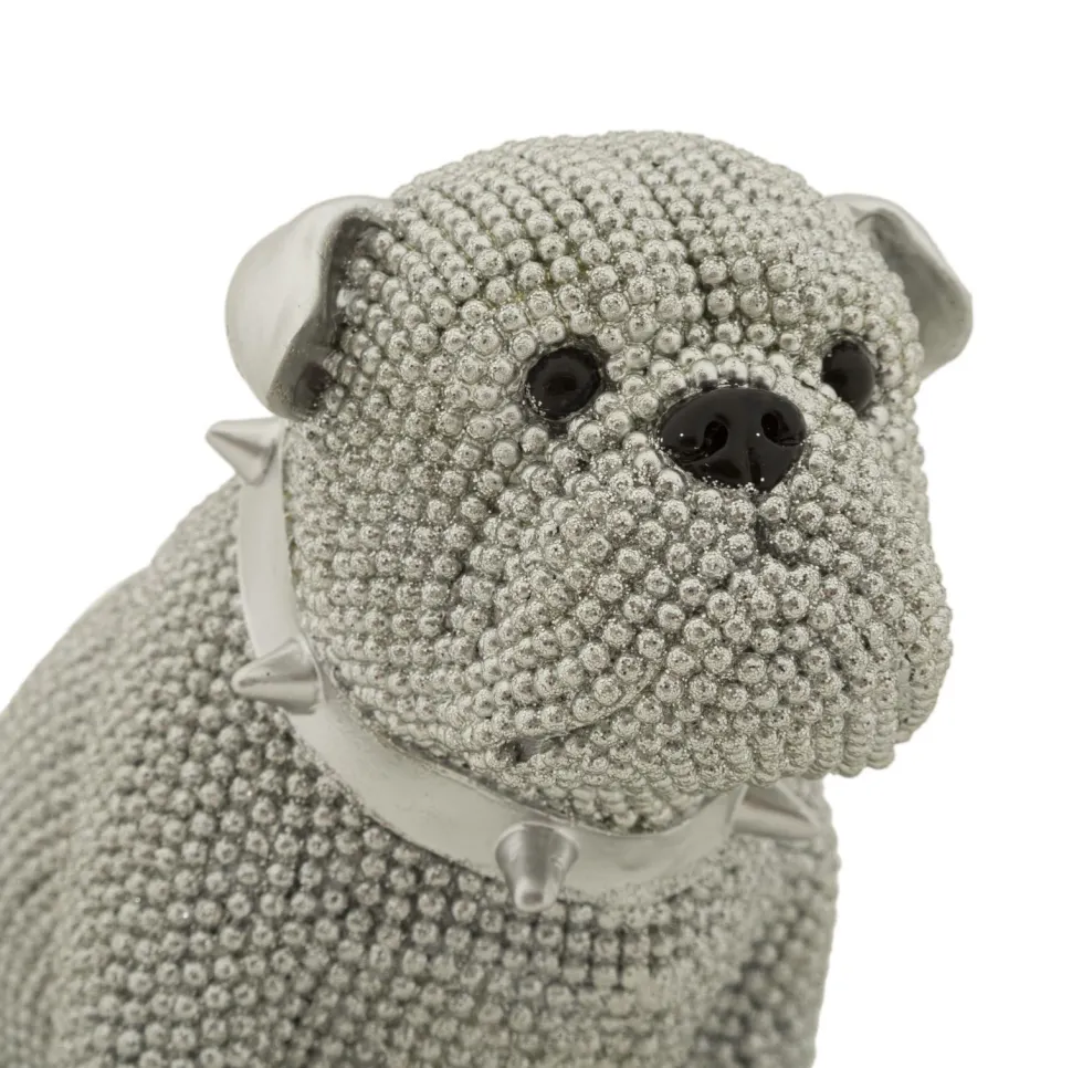 Statue Bouledogue assis Polyrésine Argent collier clous Argent