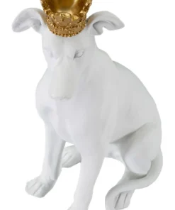 Statue de chien assis Blanc finition polyrésine couronne Dorée