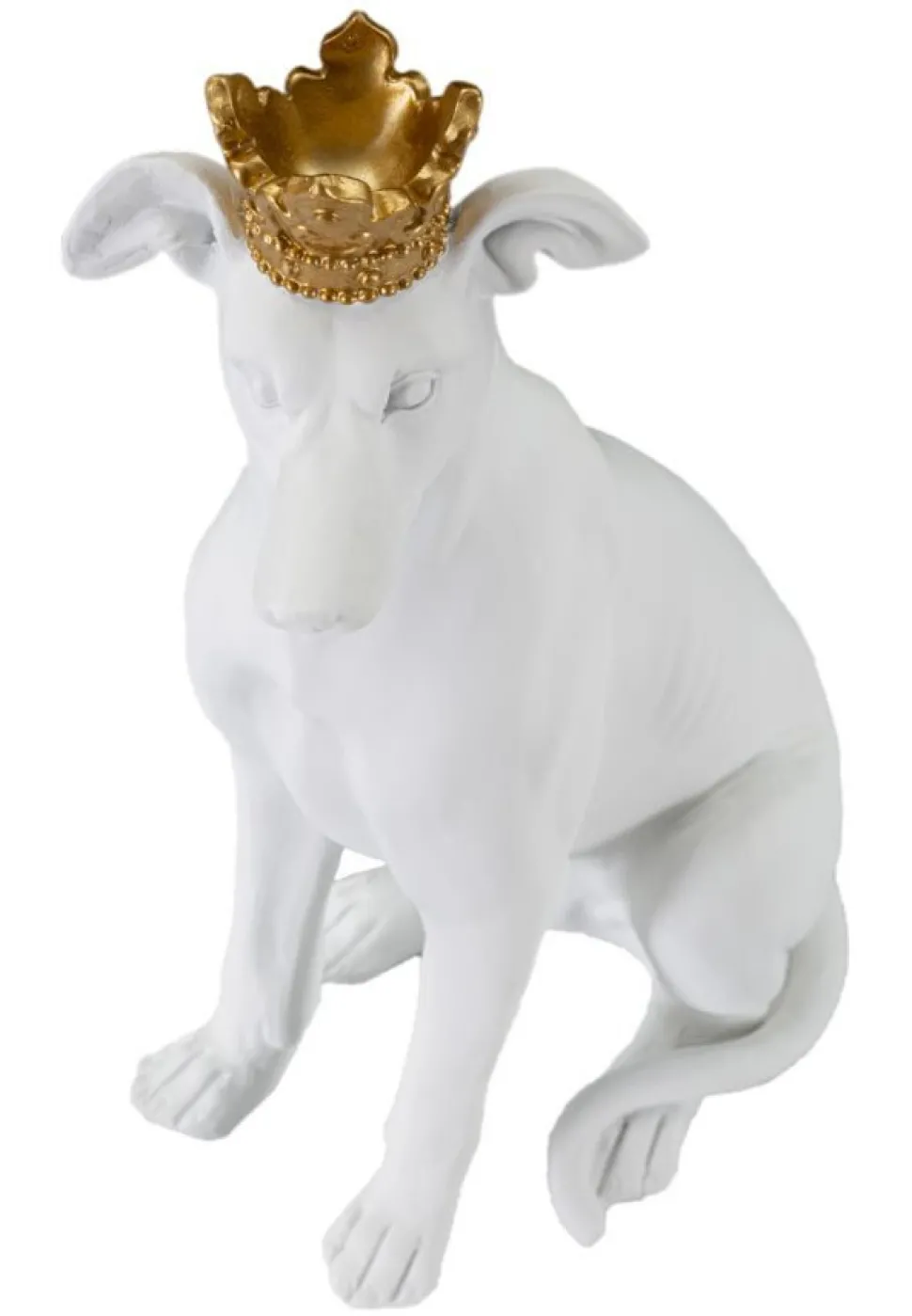 Statue de chien assis Blanc finition polyrésine couronne Dorée