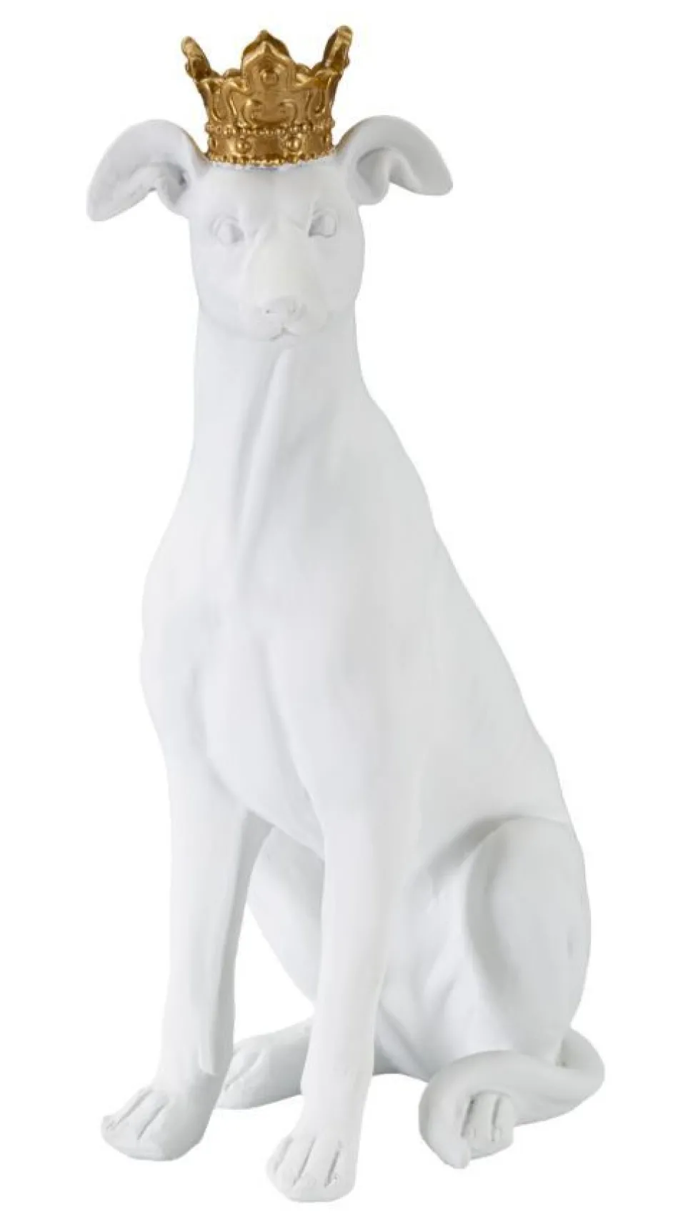 Statue de chien assis Blanc finition polyrésine couronne Dorée