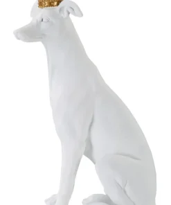 Statue de chien assis Blanc finition polyrésine couronne Dorée