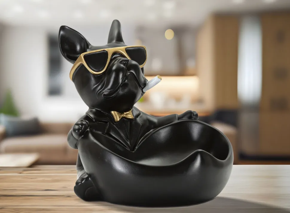 Statuette chien porte-objet Polyrésine Noir et Or