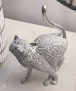 Statuette de chat en polyrésine finition argentée