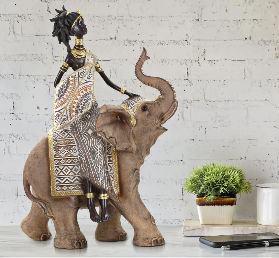 Statuette Femme Indigène sur Éléphant Polyrésine Multicolore