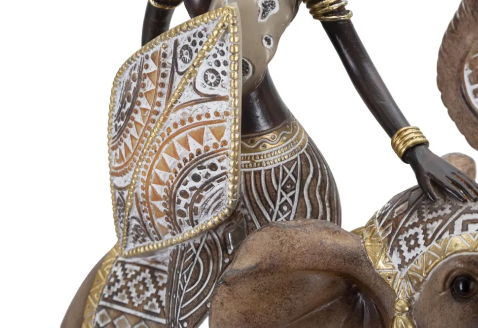 Statuette Femme Indigène sur Éléphant Polyrésine Multicolore