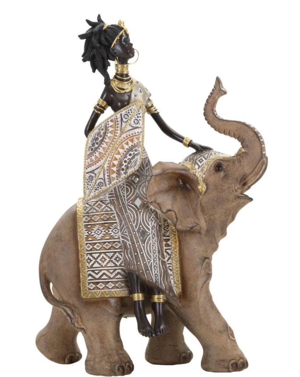Statuette Femme Indigène sur Éléphant Polyrésine Multicolore