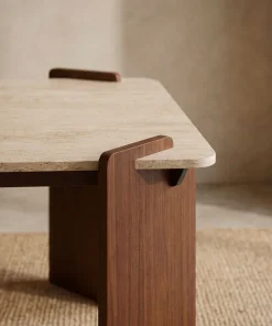 Table à manger au design Art Déco Cezanne 80x190cm Effet travertin Beige et Bois foncé