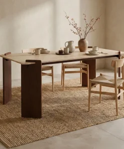 Table à manger au design Art Déco Cezanne 80x190cm Effet travertin Beige et Bois foncé