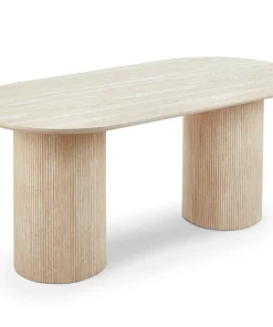 Table à manger moderne 90x180cm avec pieds style colonnes Gwendoline Effet travertin Beige