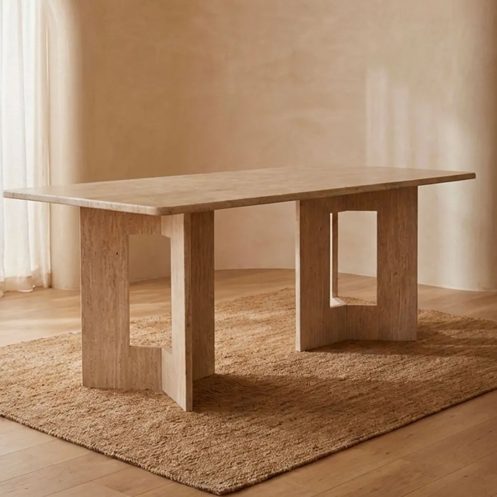 Table à manger rectangulaire Roselia 90x180cm Effet travertin Beige