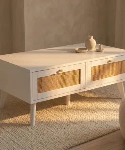 Table basse 2 tiroirs avec cannage Dalgora L120cm Blanc