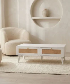 Table basse 2 tiroirs avec cannage Dalgora L120cm Blanc