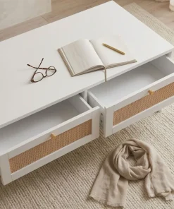 Table basse 2 tiroirs avec cannage Dalgora L120cm Blanc