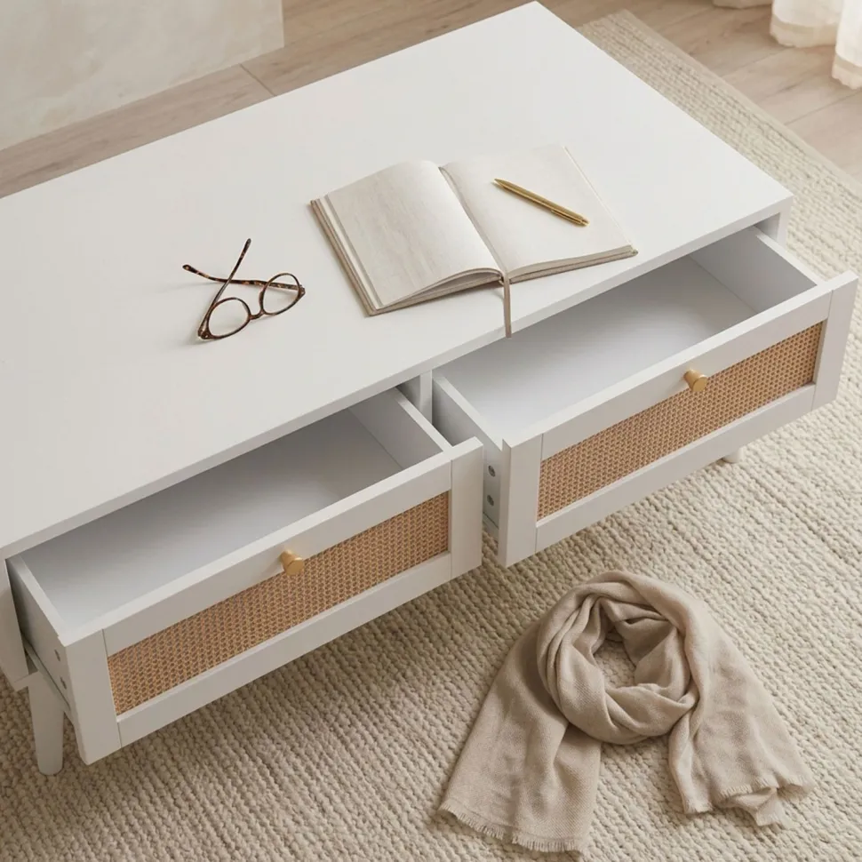 Table basse 2 tiroirs avec cannage Dalgora L120cm Blanc