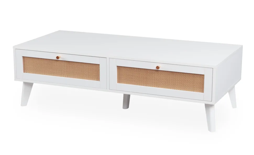 Table basse 2 tiroirs avec cannage Dalgora L120cm Blanc