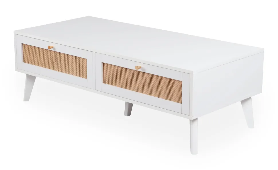Table basse 2 tiroirs avec cannage Dalgora L120cm Blanc