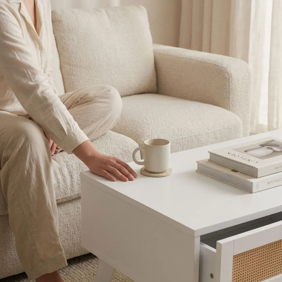 Table basse 2 tiroirs avec cannage Dalgora L120cm Blanc