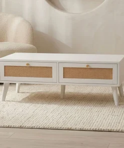 Table basse 2 tiroirs avec cannage Dalgora L120cm Blanc