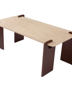 Table basse au design Art Déco Cezanne 60x120cm Effet travertin Beige et Bois foncé