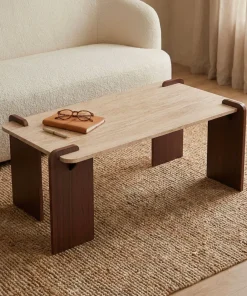 Table basse au design Art Déco Cezanne 60x120cm Effet travertin Beige et Bois foncé