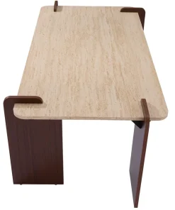 Table basse au design Art Déco Cezanne 60x120cm Effet travertin Beige et Bois foncé