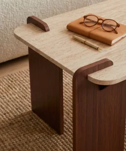 Table basse au design Art Déco Cezanne 60x120cm Effet travertin Beige et Bois foncé