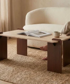 Table basse au design Art Déco Cezanne 60x120cm Effet travertin Beige et Bois foncé