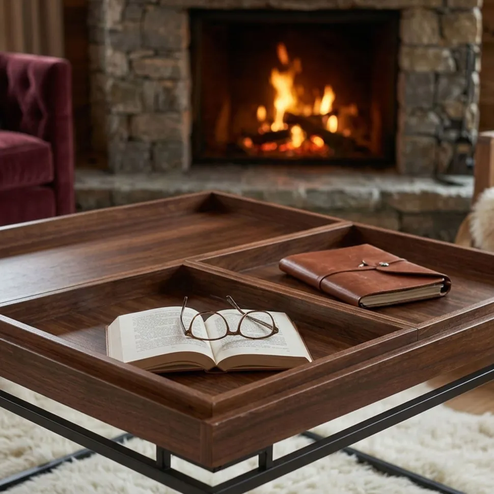 Table basse carrée avec plateau compartimenté réversible 80x80cm Duplix Bois Noisette