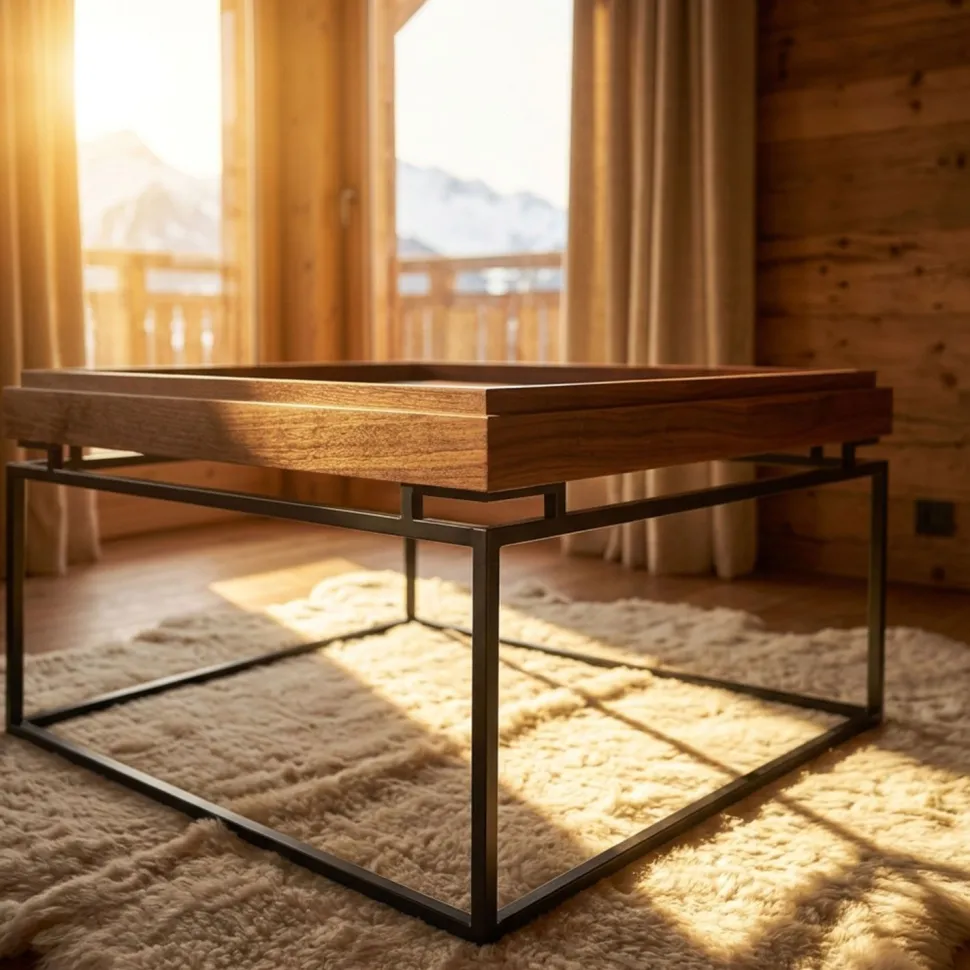 Table basse carrée avec plateau compartimenté réversible 80x80cm Duplix Bois Noisette