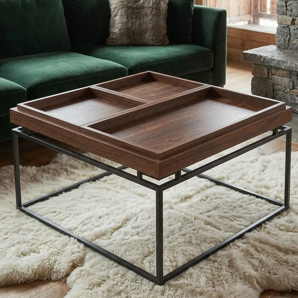 Table basse carrée avec plateau compartimenté réversible 80x80cm Duplix Bois Noisette