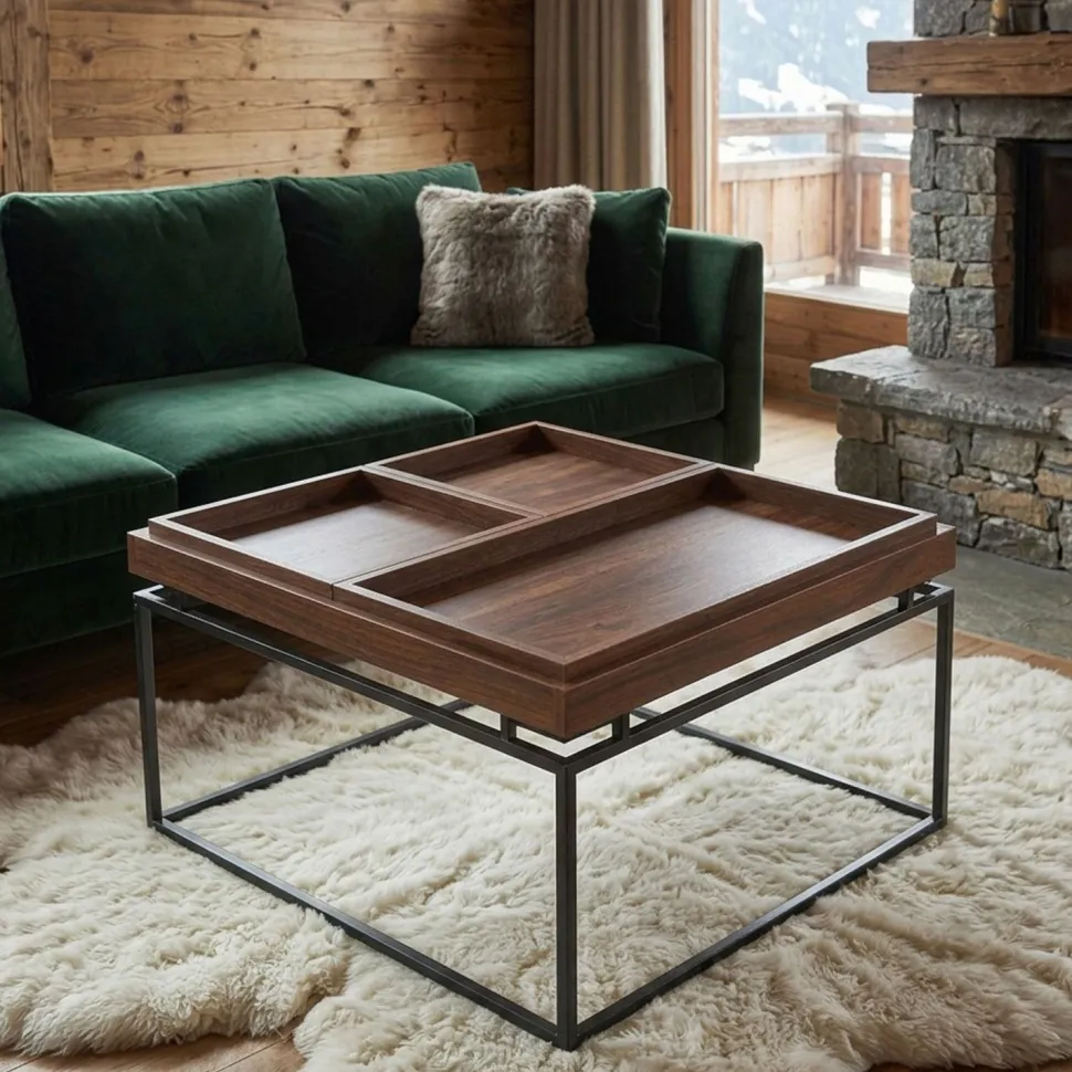 Table basse carrée avec plateau compartimenté réversible 80x80cm Duplix Bois Noisette