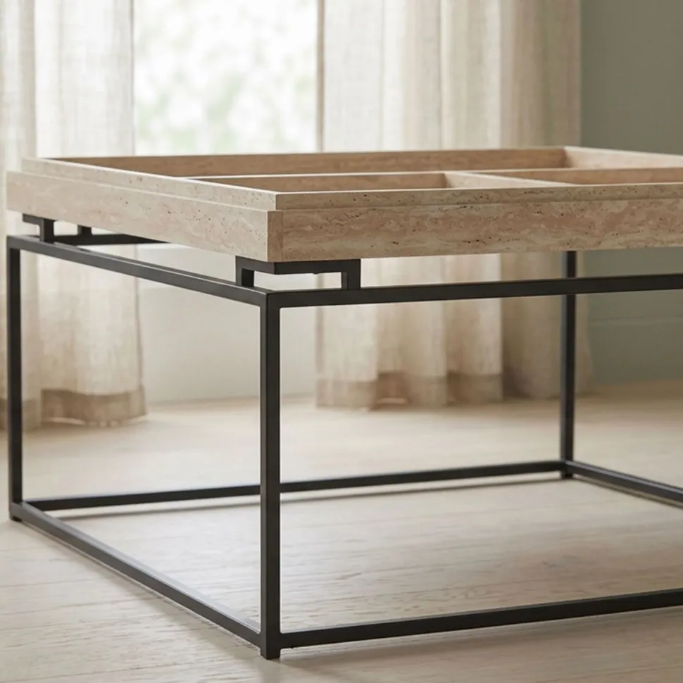 Table basse carrée avec plateau compartimenté réversible 80x80cm Duplix Effet Travertin Beige