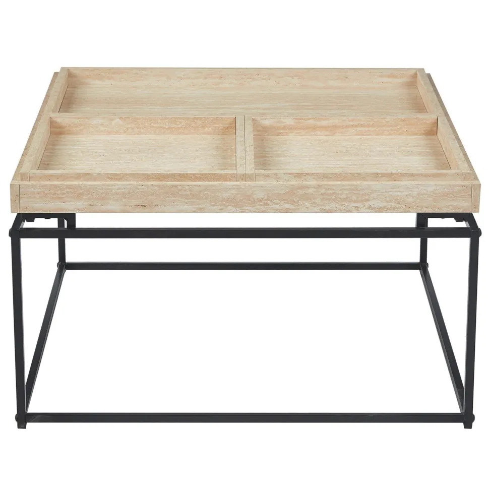 Table basse carrée avec plateau compartimenté réversible 80x80cm Duplix Effet Travertin Beige