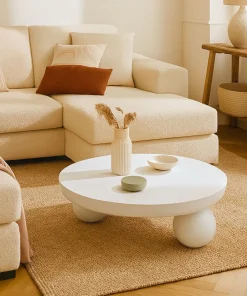 Table basse contemporaine design rond Bonnie L100cm texture minérale Blanc
