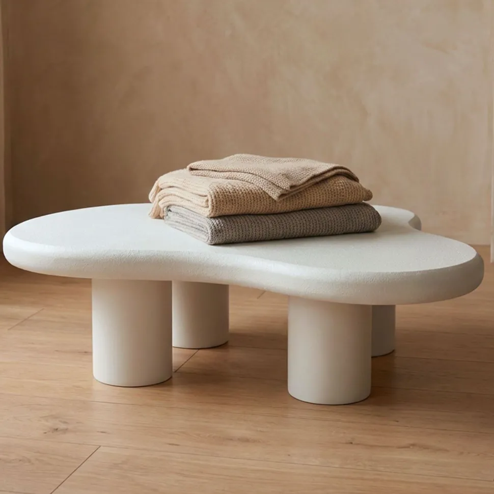 Table basse forme courbes naturelles Valdo 69x100cm Blanc texturé