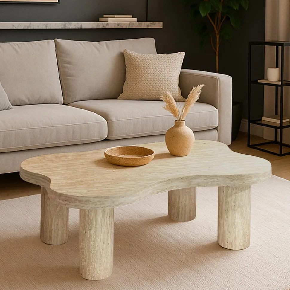 Table basse forme nuage 69x100cm Lagoon Effet Travertin Beige