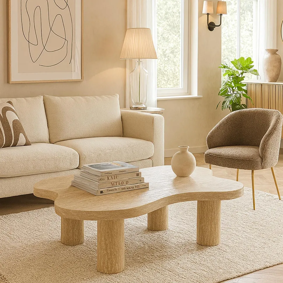 Table basse forme nuage 69x100cm Lagoon Effet Travertin Beige