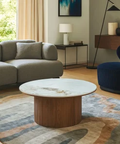Table basse moderne ronde 80cm Eglantine Bois et Céramique Effet marbre Blanc