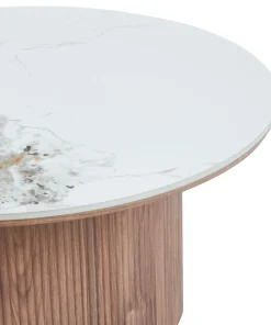 Table basse moderne ronde 80cm Eglantine Bois et Céramique Effet marbre Blanc