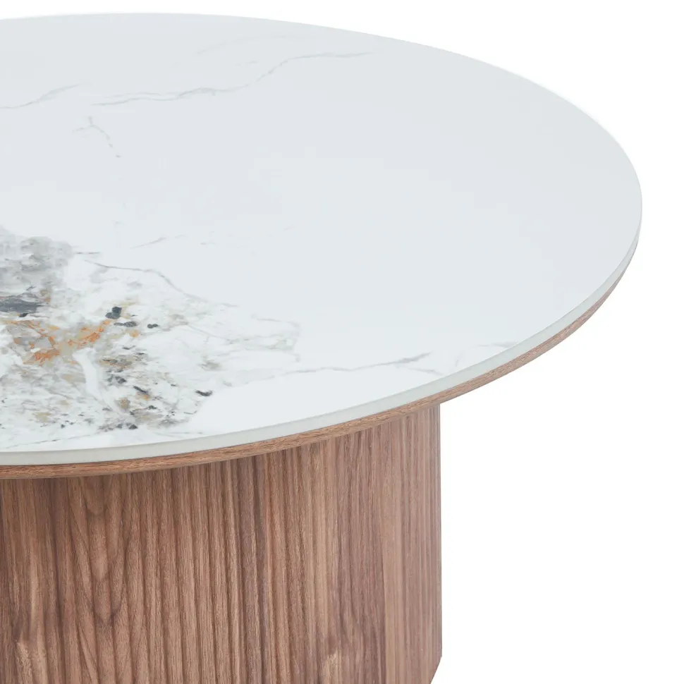 Table basse moderne ronde 80cm Eglantine Bois et Céramique Effet marbre Blanc
