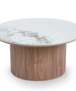 Table basse moderne ronde 80cm Eglantine Bois et Céramique Effet marbre Blanc