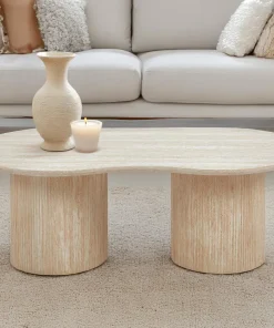 Table basse moderne 70x130cm avec pieds style colonnes Gwendoline Effet travertin Beige