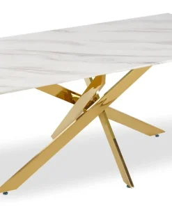 Table basse Naelle en Verre effet Marbre blanc et pieds Or