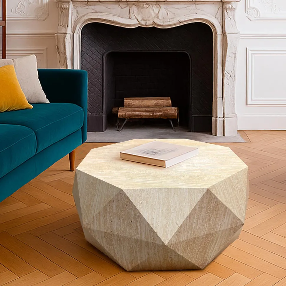 Table basse octogonale L95cm Mercury effet Travertin Beige