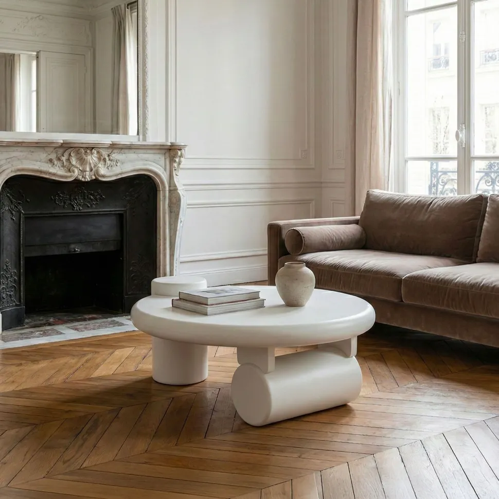 Table basse ronde asymétrique 100cm Yang Crème