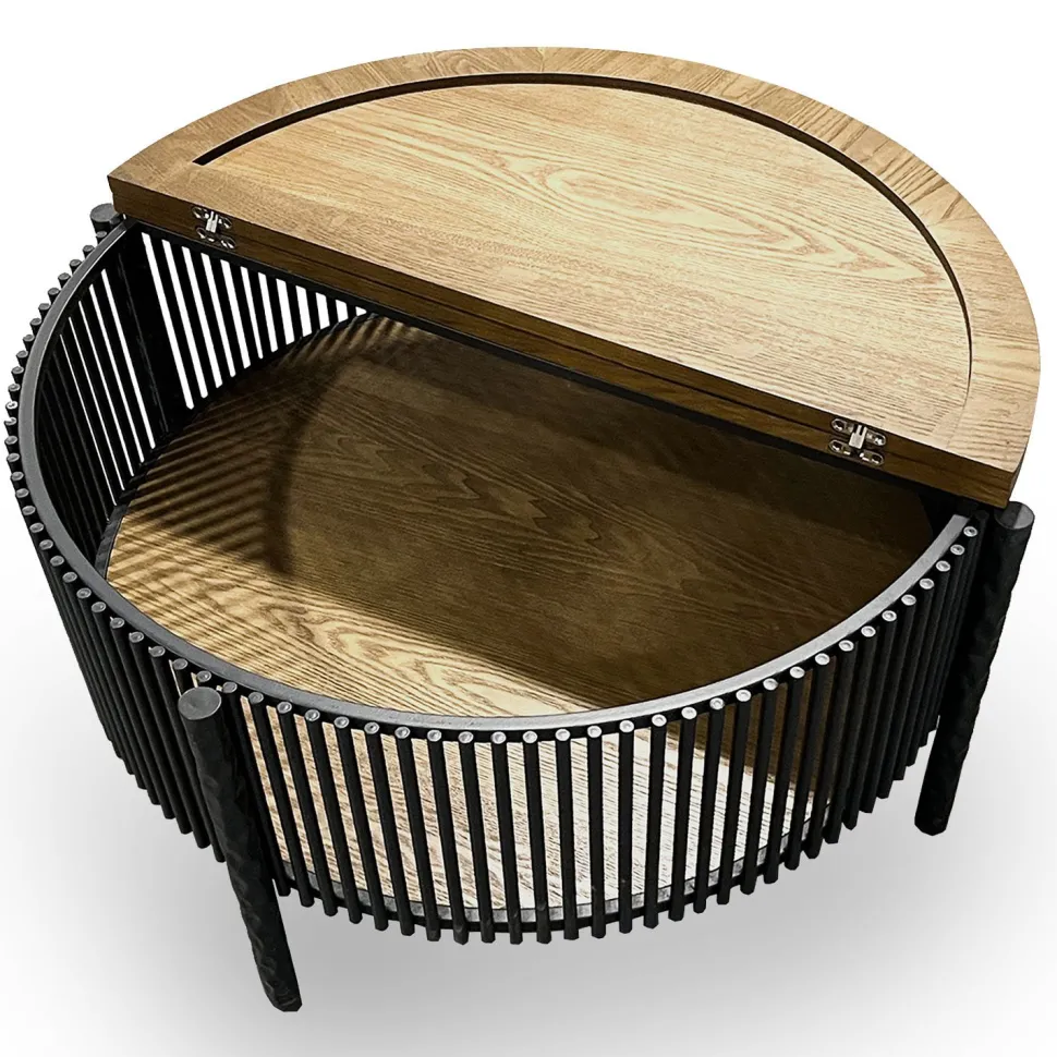 Table basse ronde avec rangement L84cm Curcuma Bois et Métal mareté Noir