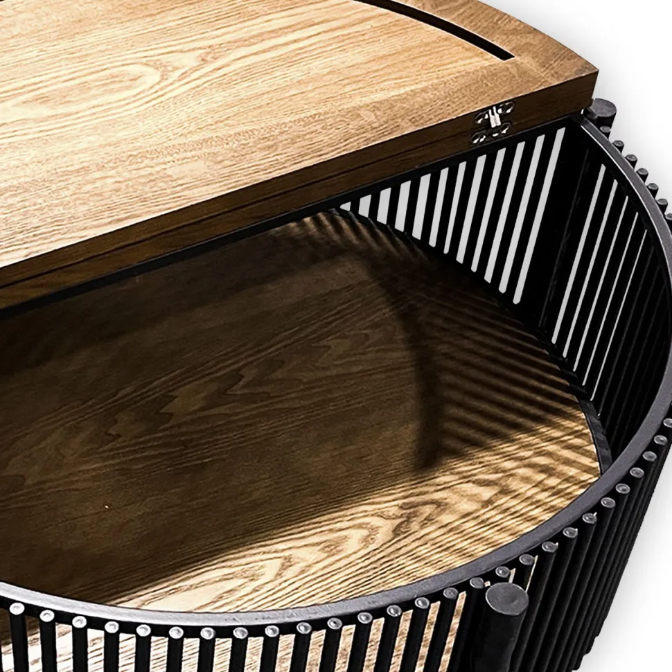 Table basse ronde avec rangement L84cm Curcuma Bois et Métal mareté Noir